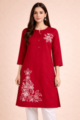 Floral Embroidered Red Cotton Kurta