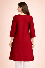 Floral Embroidered Red Cotton Kurta