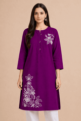 Floral Embroidered Cotton Kurta Purple
