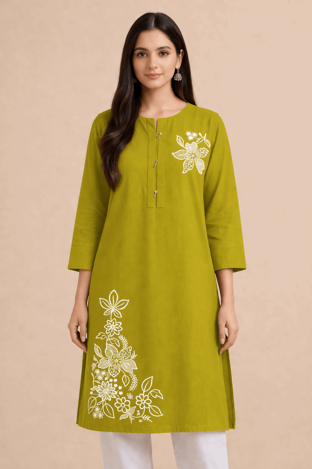 Floral Embroidered Cotton Kurta Mustard Green