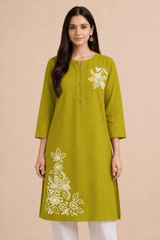 Floral Embroidered Cotton Kurta Mustard Green