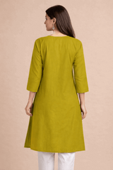 Floral Embroidered Cotton Kurta Mustard Green