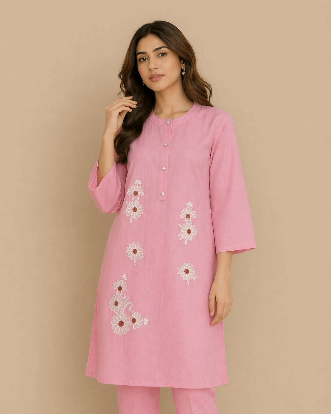 Daisy Floral Embroidered Cotton Kurta Soft Pink