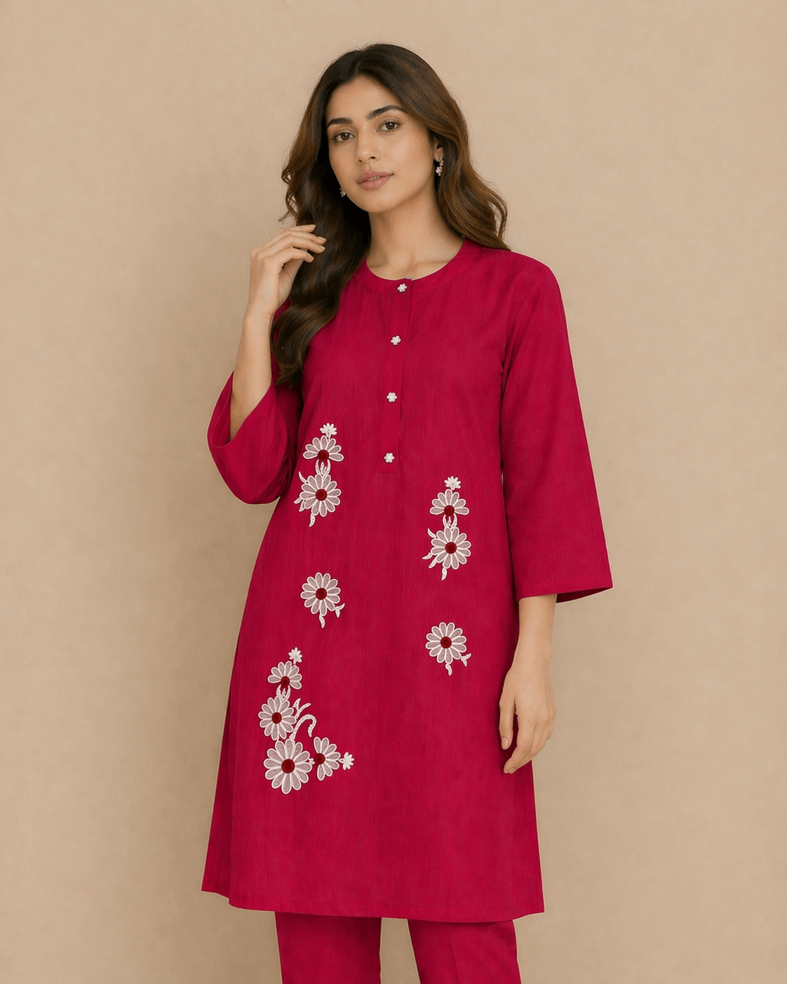 Daisy Floral Embroidered Cotton Kurta Red