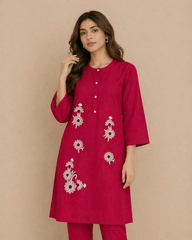 Daisy Floral Embroidered Cotton Kurta Red