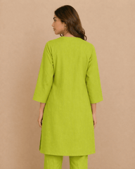 Daisy Floral Embroidered Cotton Kurta Green