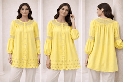 Lemon Yellow Laser-Cut Embroidered Button-Down Tunic