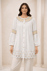 White Laser-Cut Embroidered Button-Down Tunic