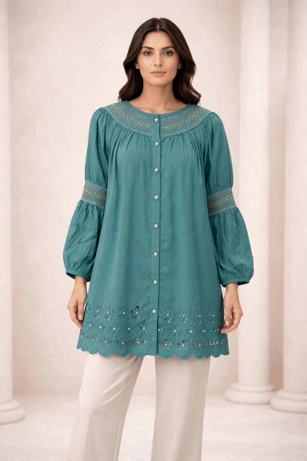 Teal Laser-Cut Embroidered Button-Down Tunic