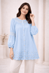 Sky Blue Laser-Cut Embroidered Button-Down Tunic