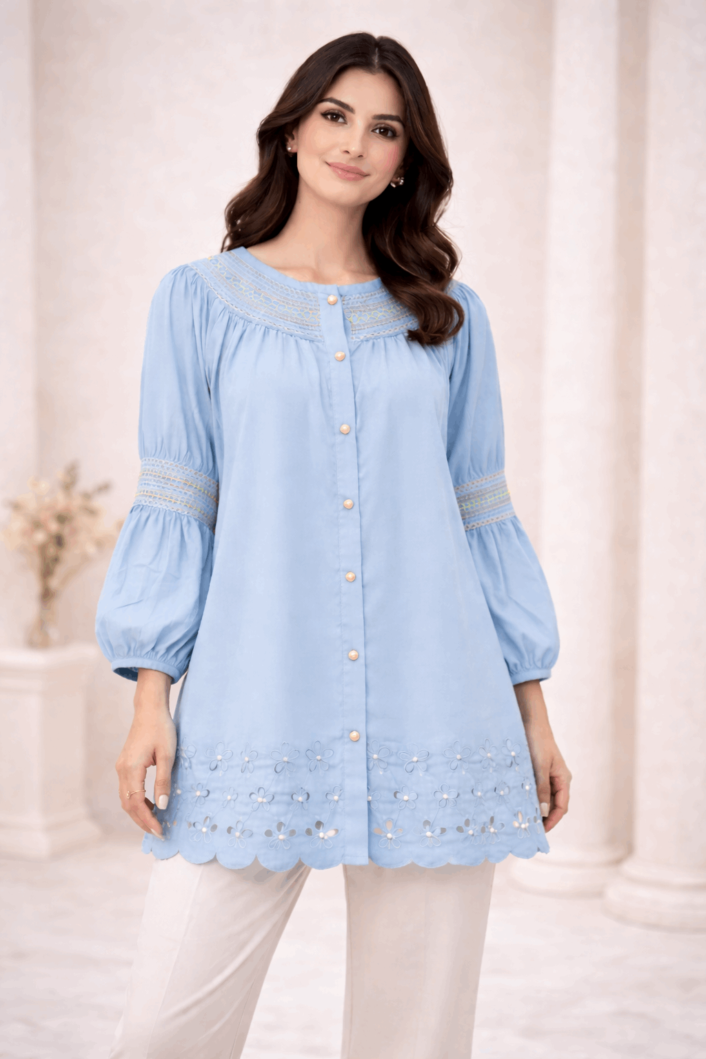 Sky Blue Laser-Cut Embroidered Button-Down Tunic