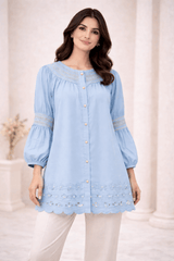 Sky Blue Laser-Cut Embroidered Button-Down Tunic