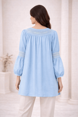 Sky Blue Laser-Cut Embroidered Button-Down Tunic