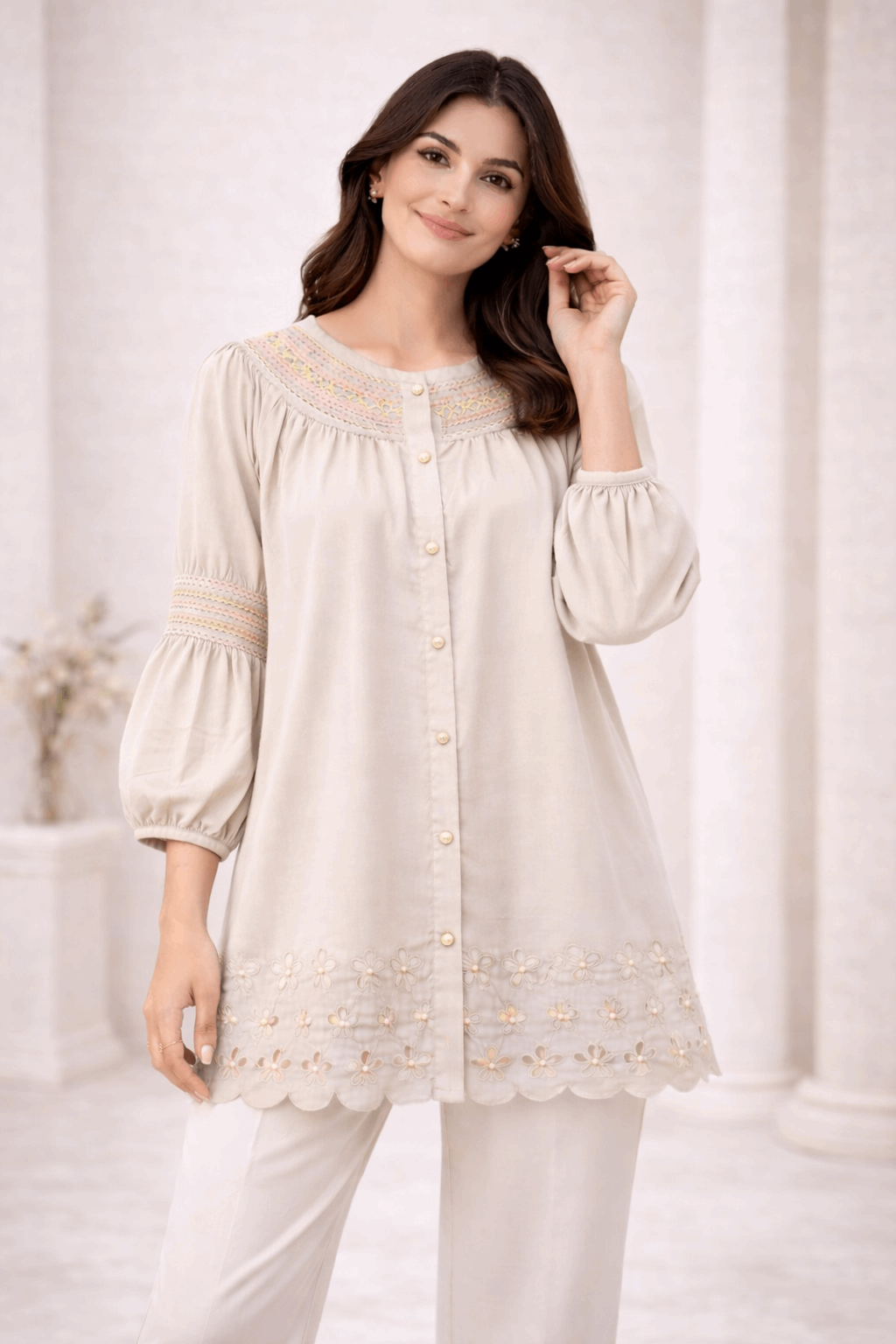 Light Beige Laser-Cut Embroidered Button-Down Tunic