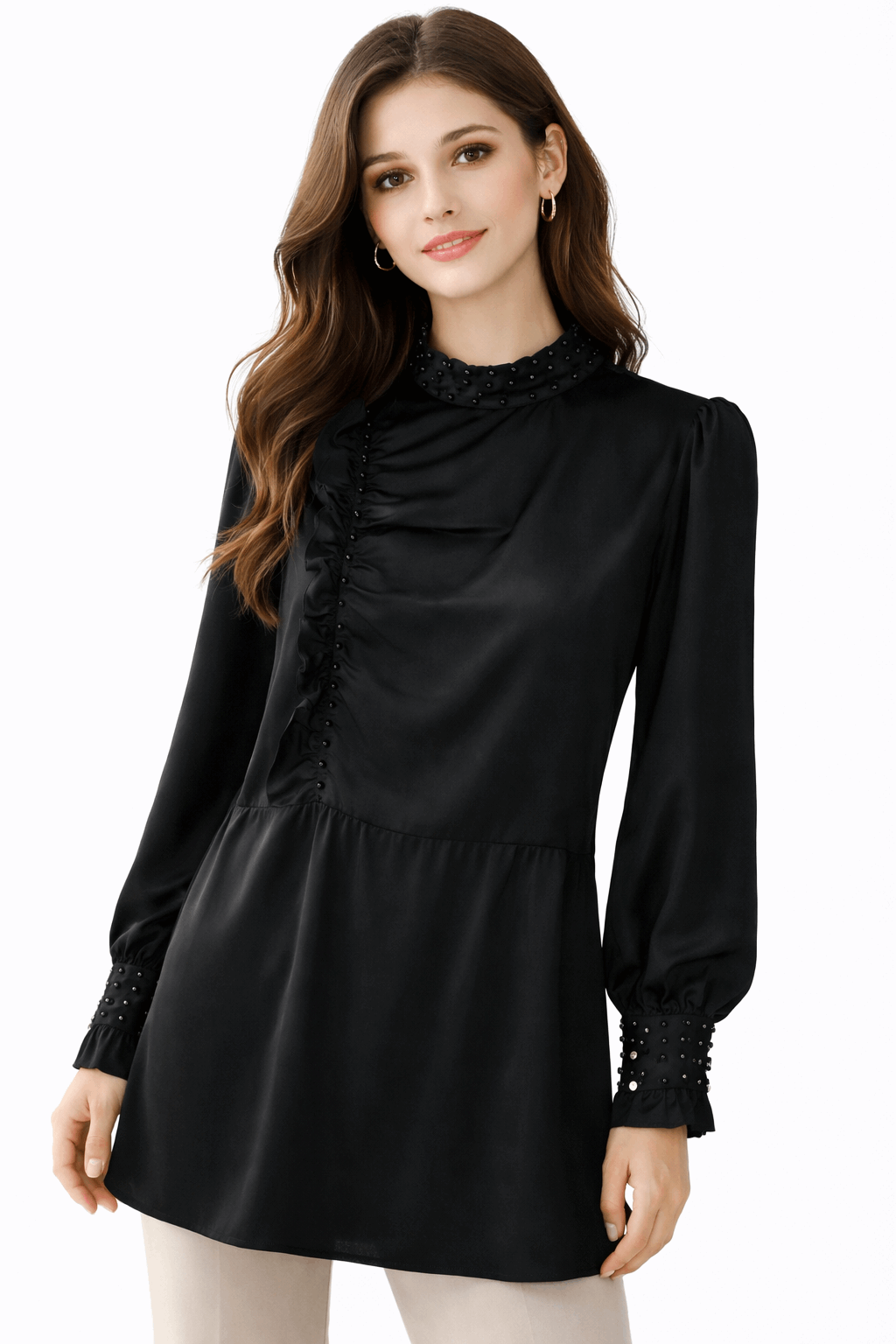 Beaded Mock Neck Ruffle Tunic