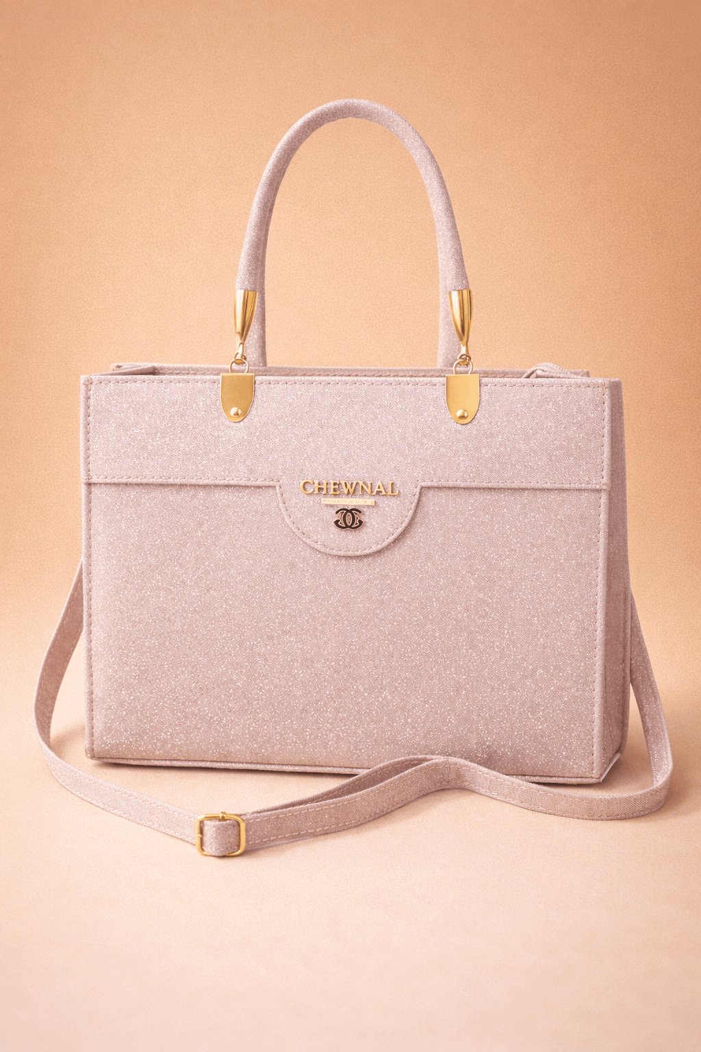 Blush Shimmer Square Satchel with Gold Hardware