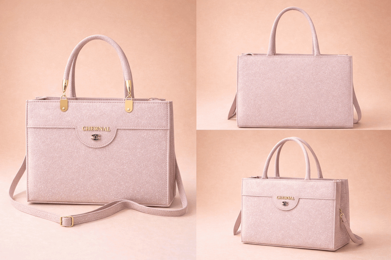 Blush Shimmer Square Satchel with Gold Hardware