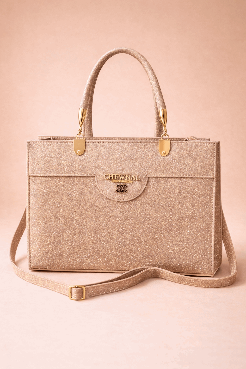 Rose Gold Shimmer Square Satchel with Gold Hardware