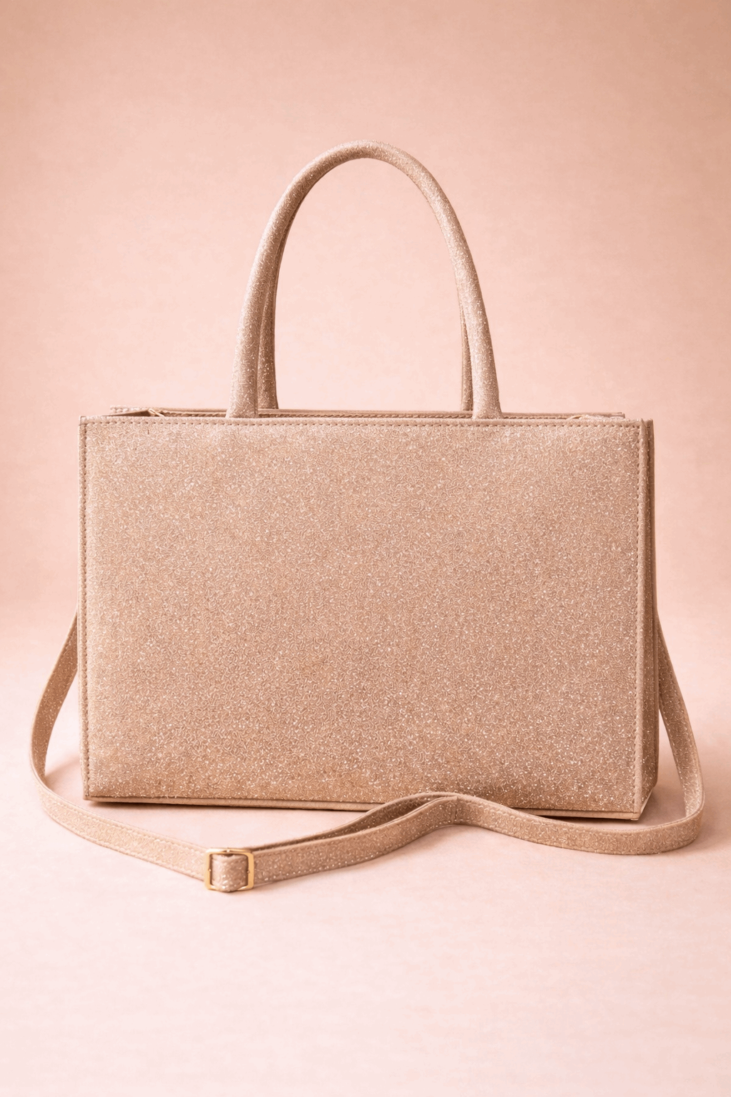 Rose Gold Shimmer Square Satchel with Gold Hardware