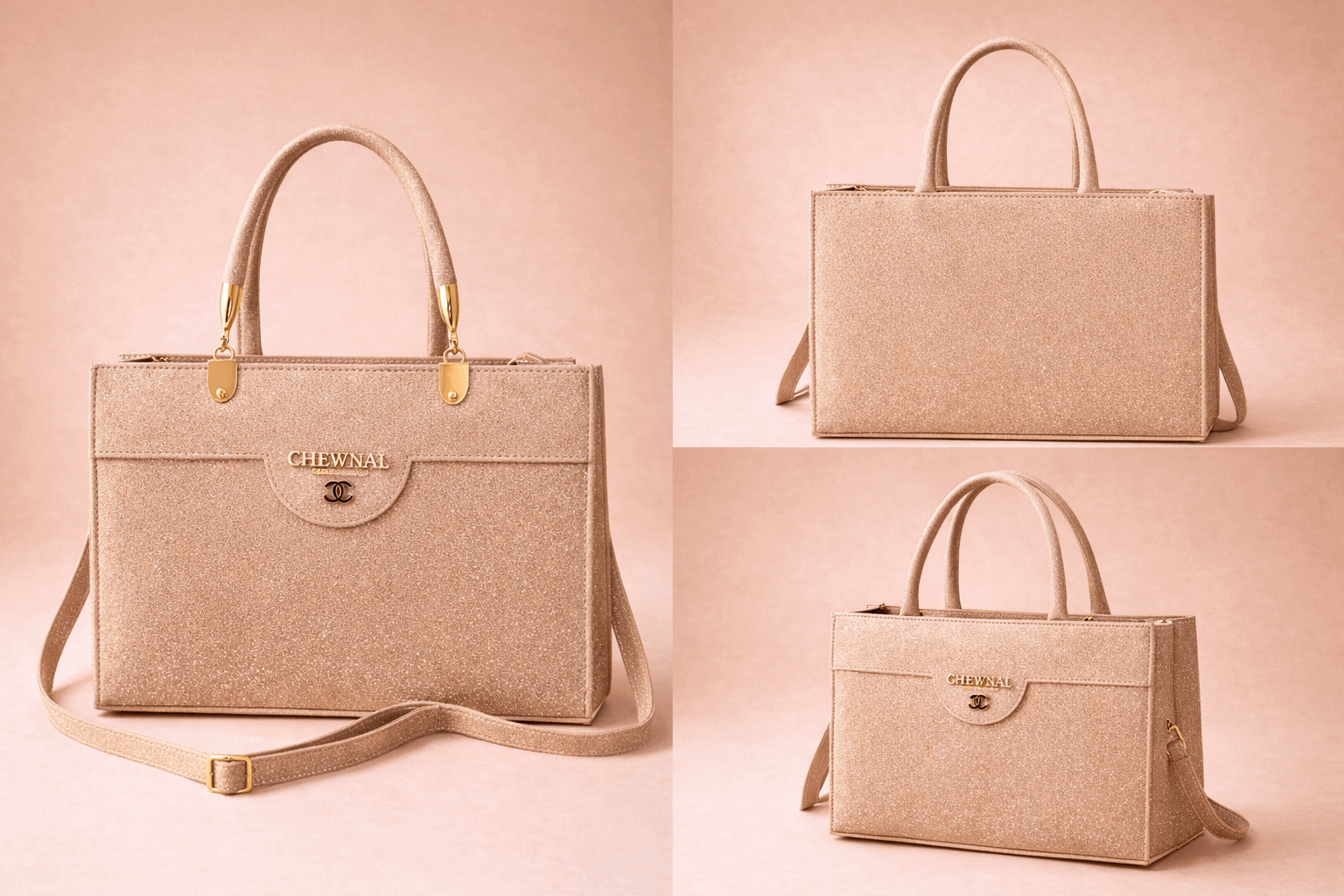Rose Gold Shimmer Square Satchel with Gold Hardware