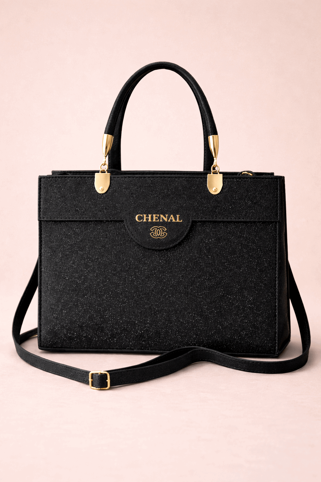 Black Shimmer Square Satchel with Gold Hardware