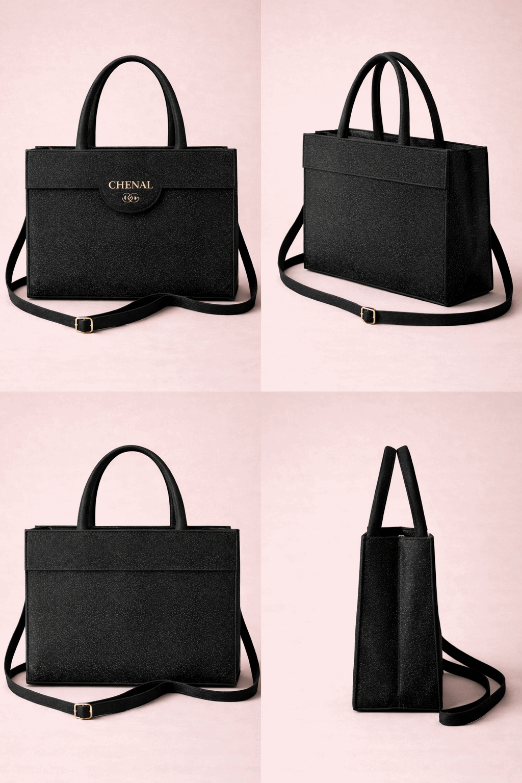 Black Shimmer Square Satchel with Gold Hardware
