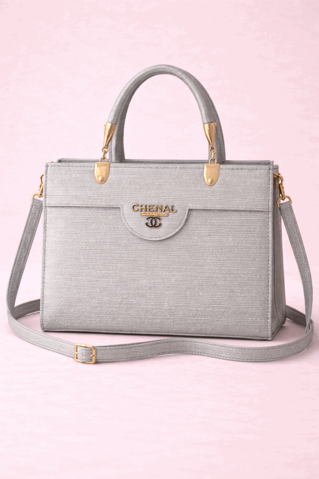 Silver Shimmer Square Satchel with Gold Hardware
