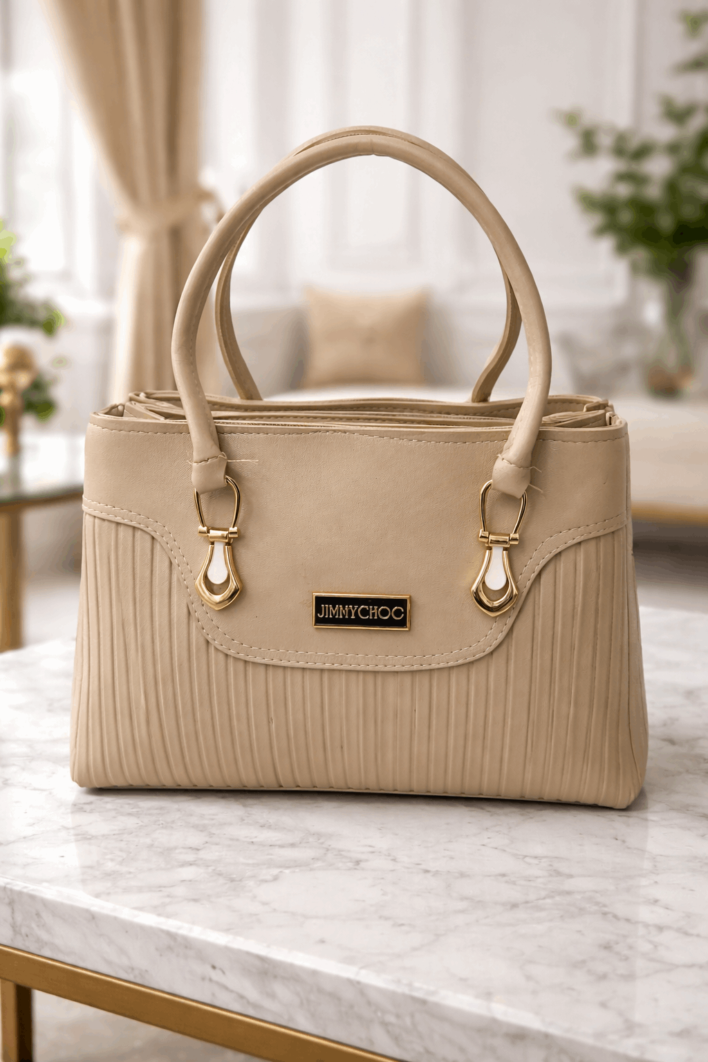 Jimmy Choo Elegant Pleated Leather – Handbag with Gold-Tone Accents