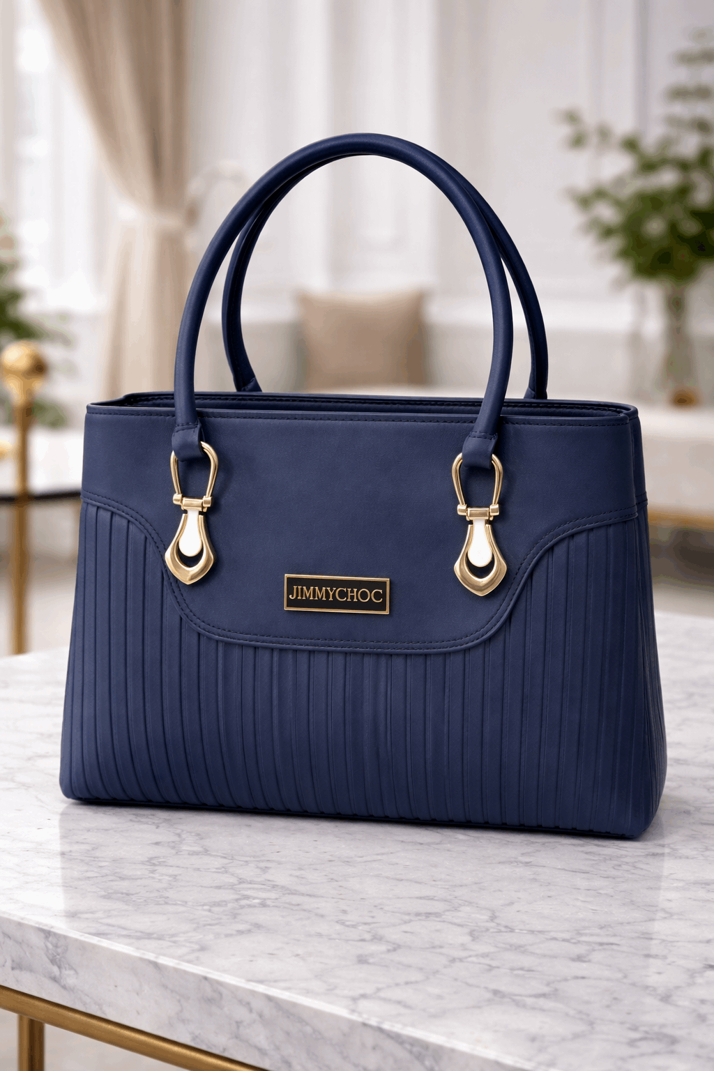 Jimmy Choo Pleated Leather Handbag with Gold-Tone Accents Blue