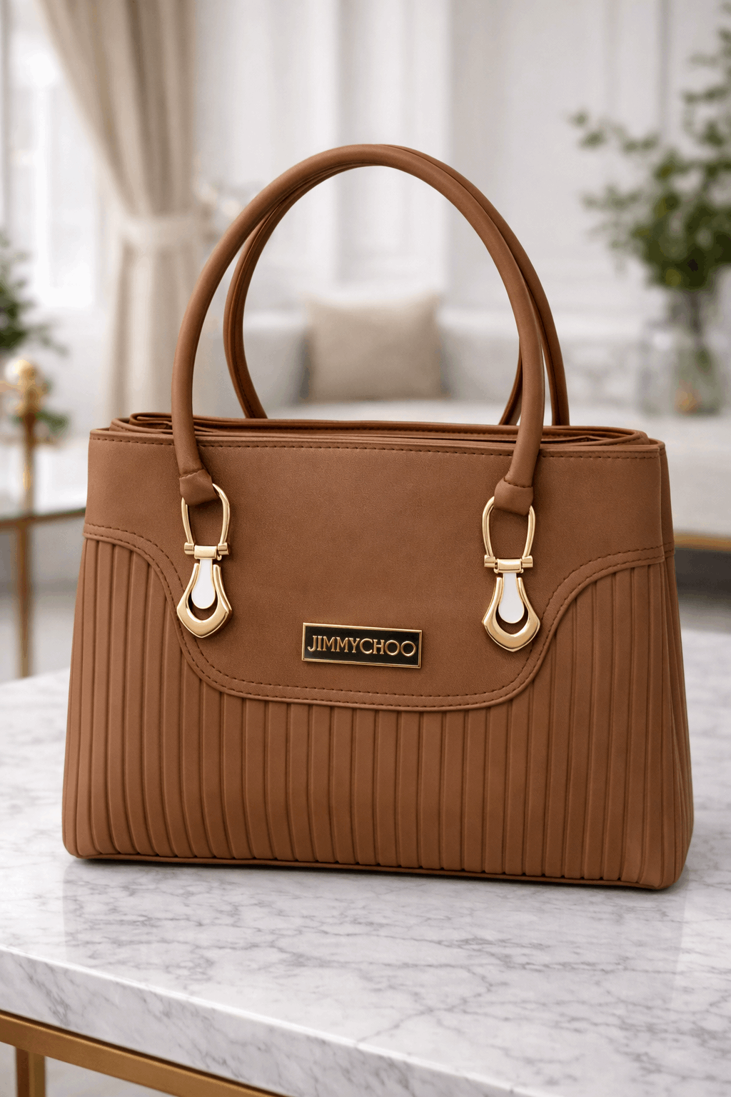 Jimmy Choo Pleated Leather Handbag with Gold-Tone Accents Light Brown