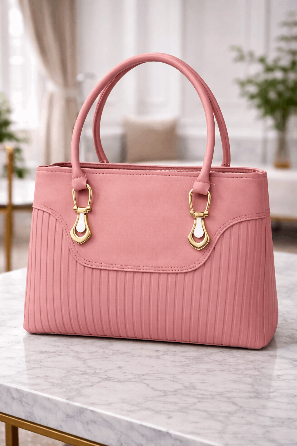 Jimmy Choo Pleated Leather Handbag with Gold-Tone Accents Pink