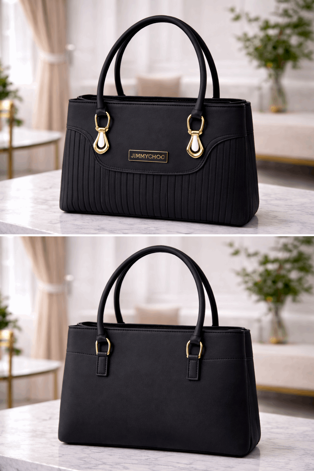 Jimmy Choo Pleated Leather Handbag with Gold-Tone Accents Black