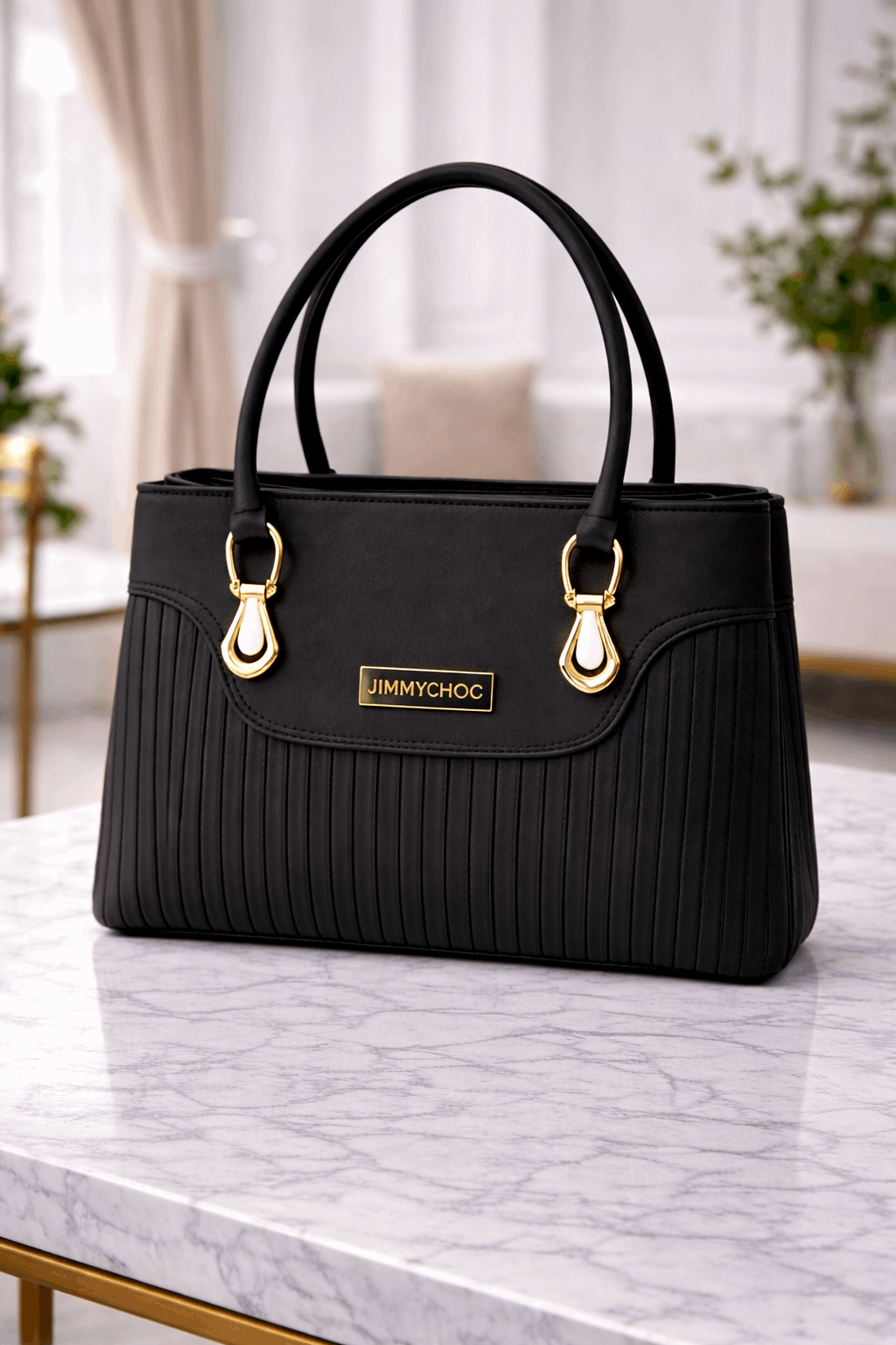 Jimmy Choo Pleated Leather Handbag with Gold-Tone Accents Black