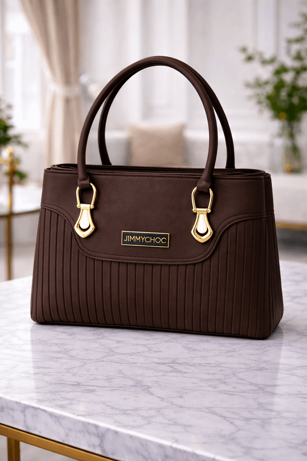 Jimmy Choo Pleated Leather Handbag with Gold-Tone Accents Dark Brown