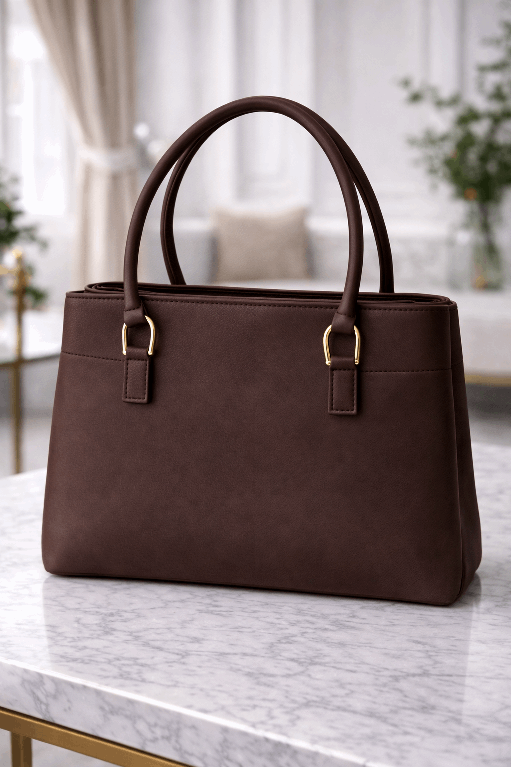 Jimmy Choo Pleated Leather Handbag with Gold-Tone Accents Dark Brown