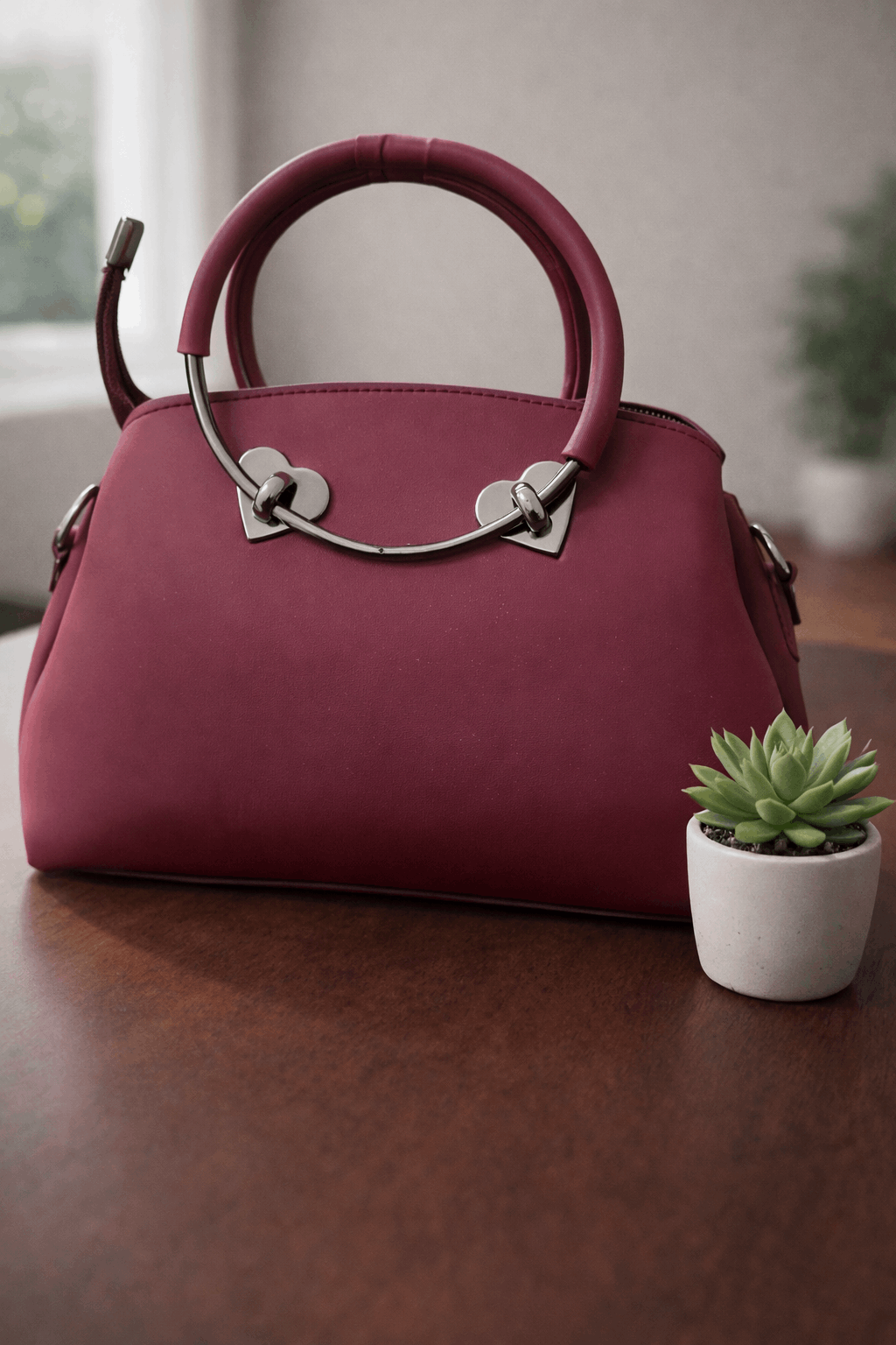 Gloria Heart-Accent Maroon Top-Handle Handbag