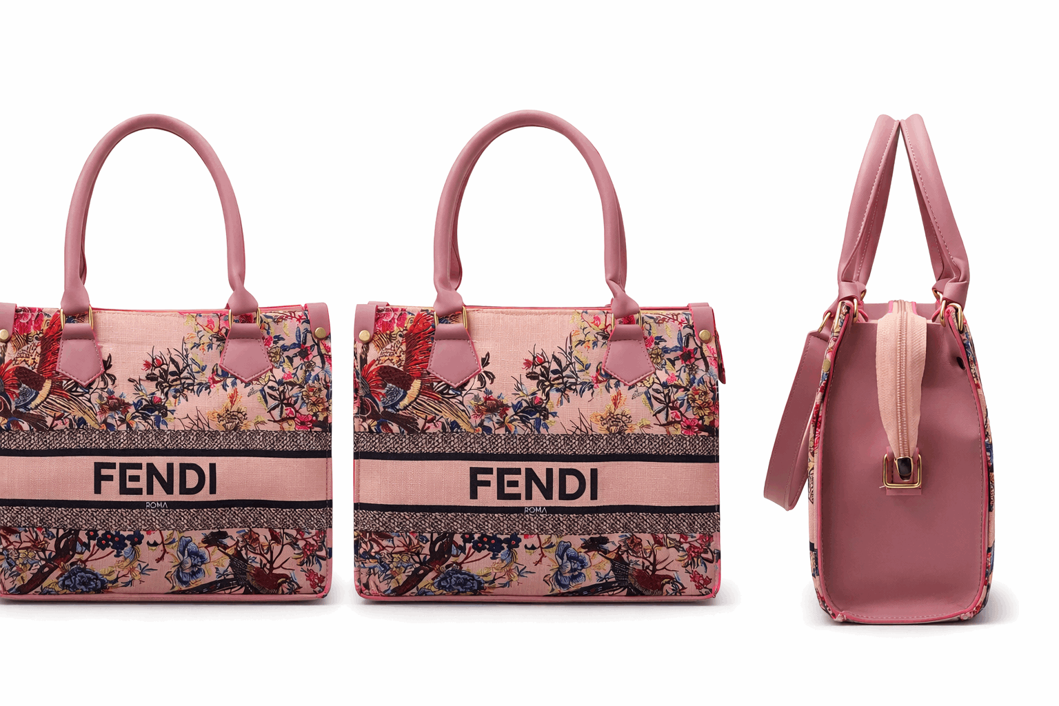 Fendi Roma Floral Embroidery Canvas Tote Bag - Blush Pink