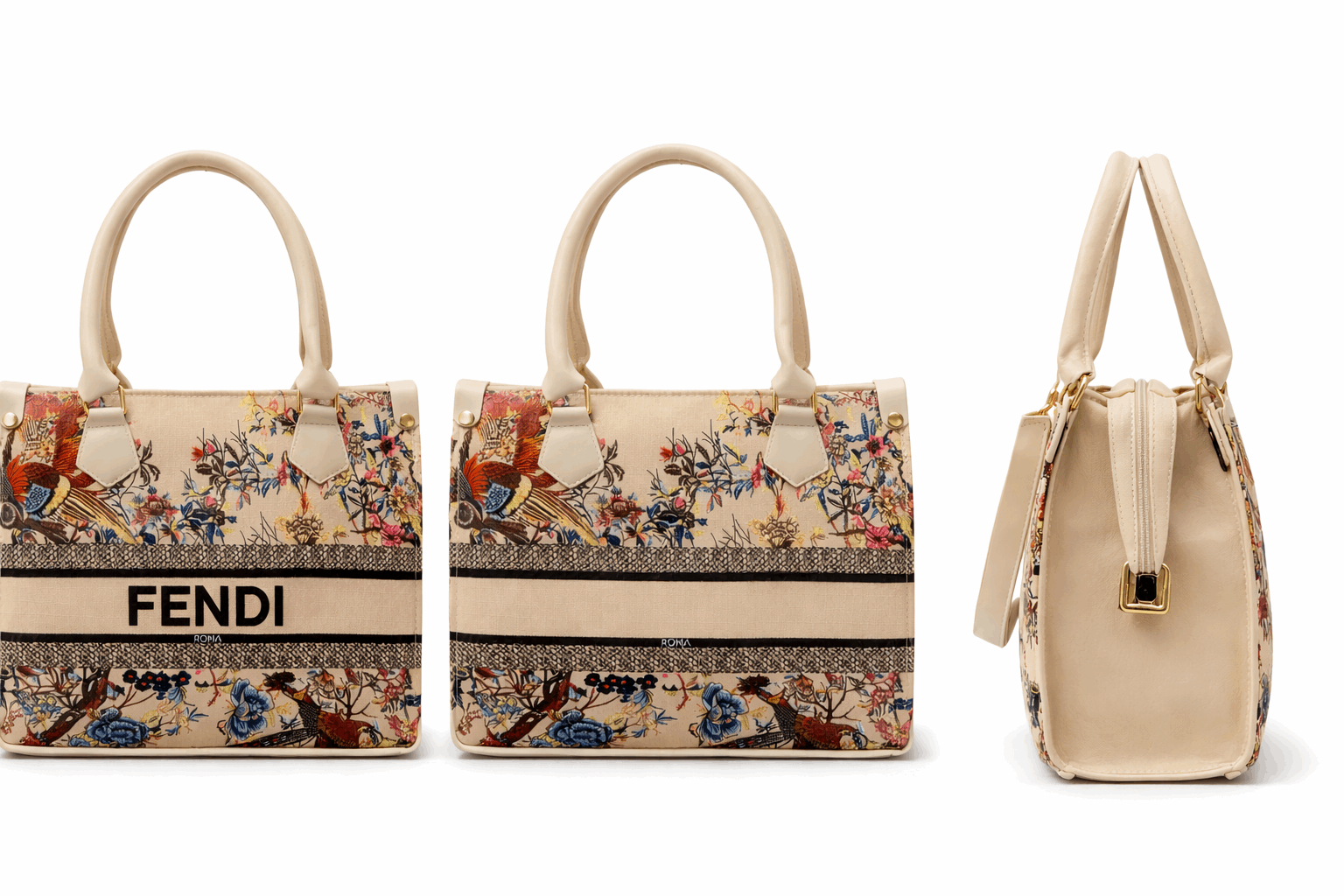 Fendi Roma Floral Embroidery Canvas Tote Bag - Off White