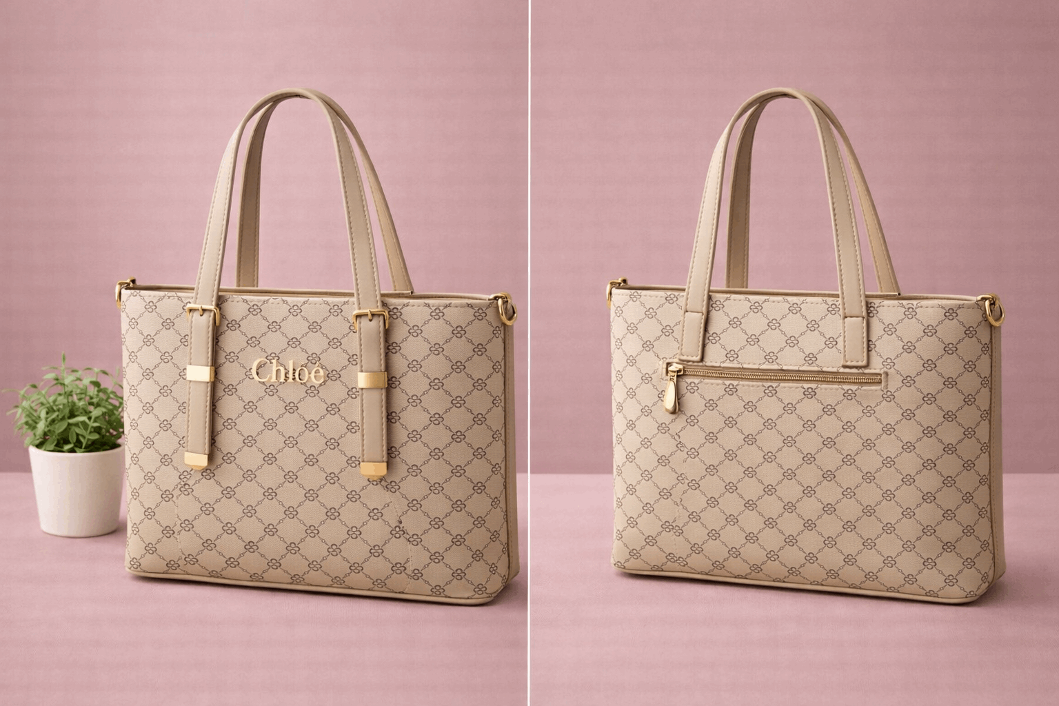 Chloë Signature Diamond Monogram Tote – Cream