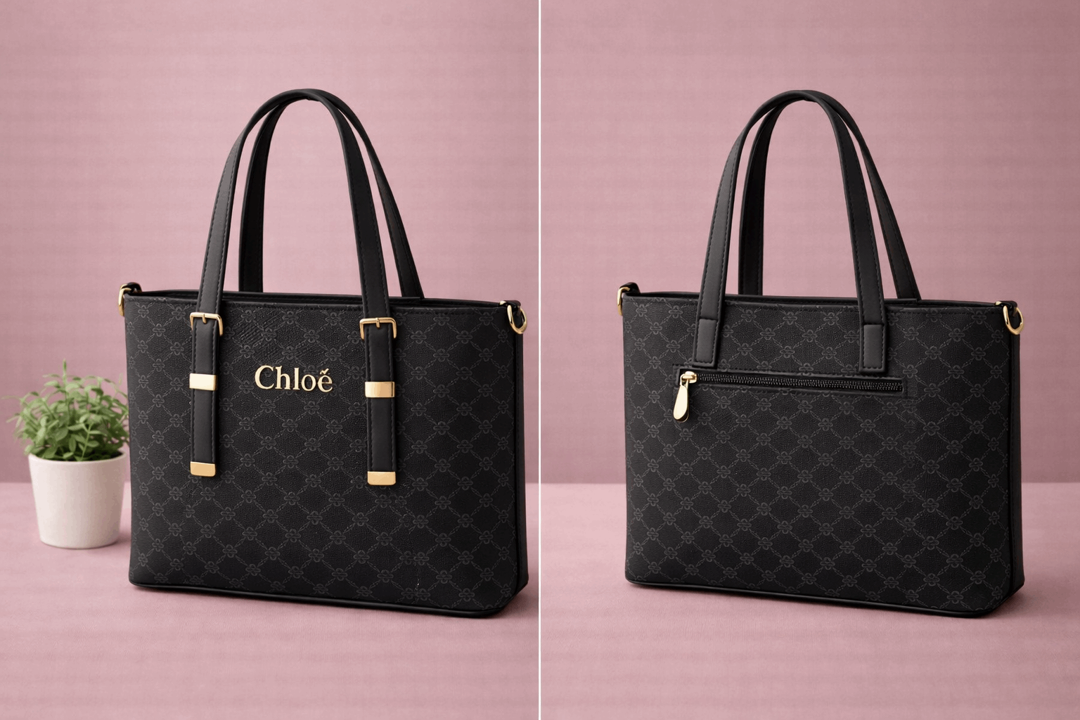 Chloë Signature Diamond Monogram Tote – Black