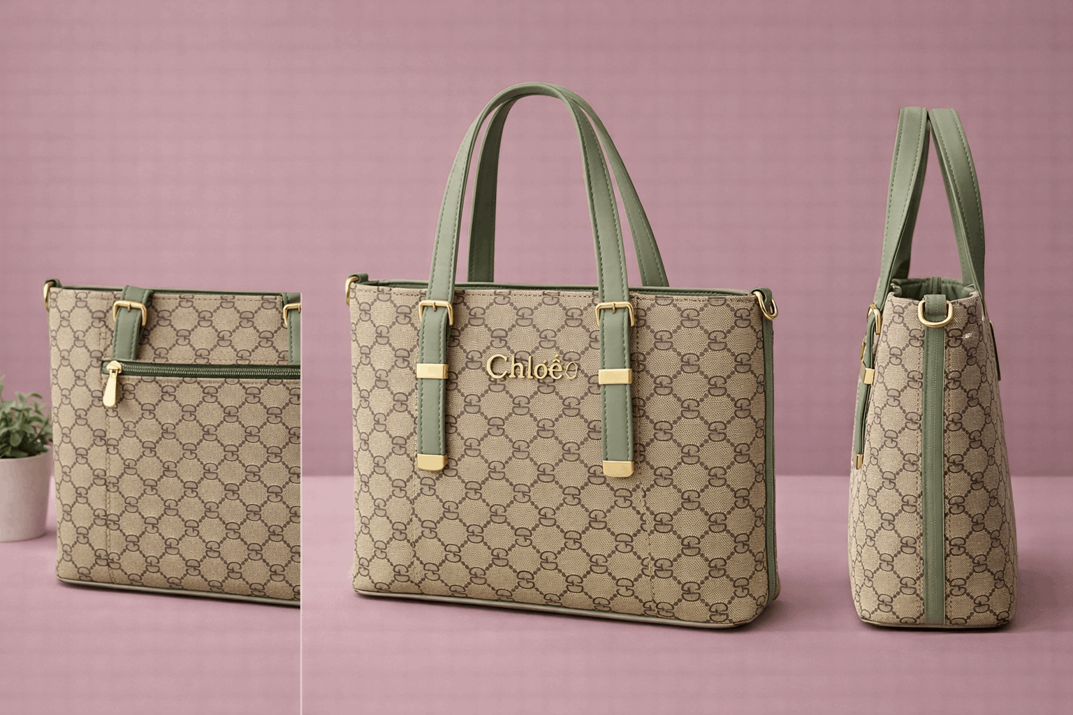 Chloé Monogram "GD" Tote Bag with Sage Green Accents