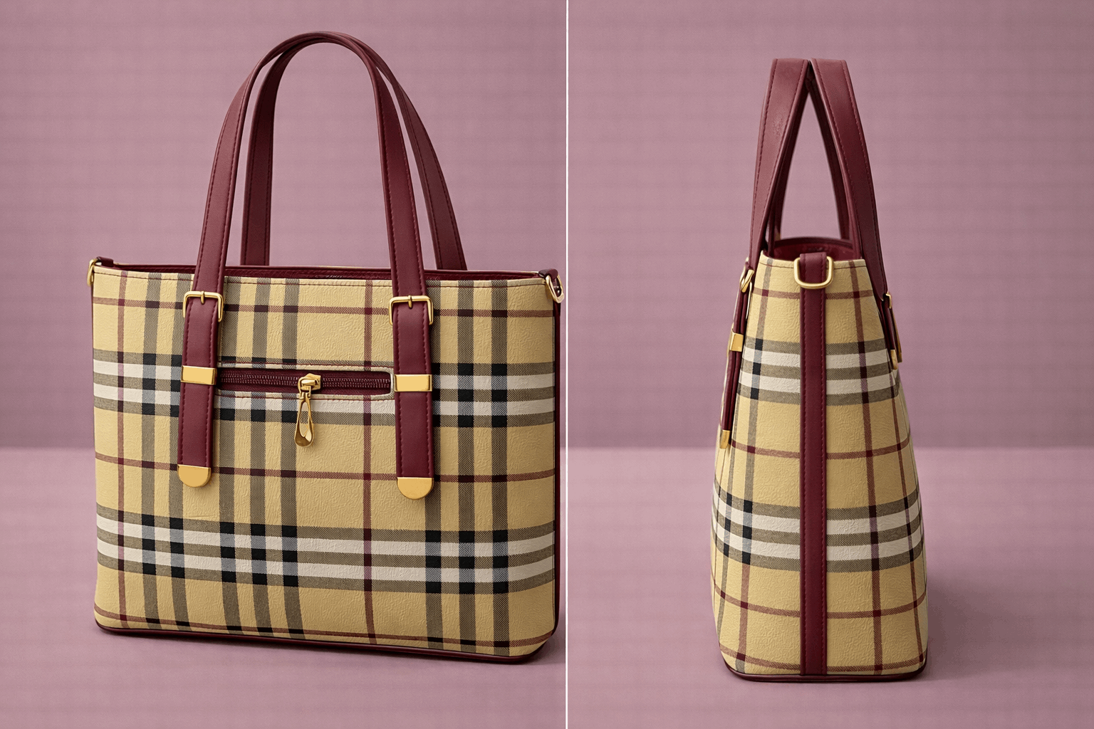 Chloé Signature Plaid Tote Bag – Tan & Wine Red check pattern