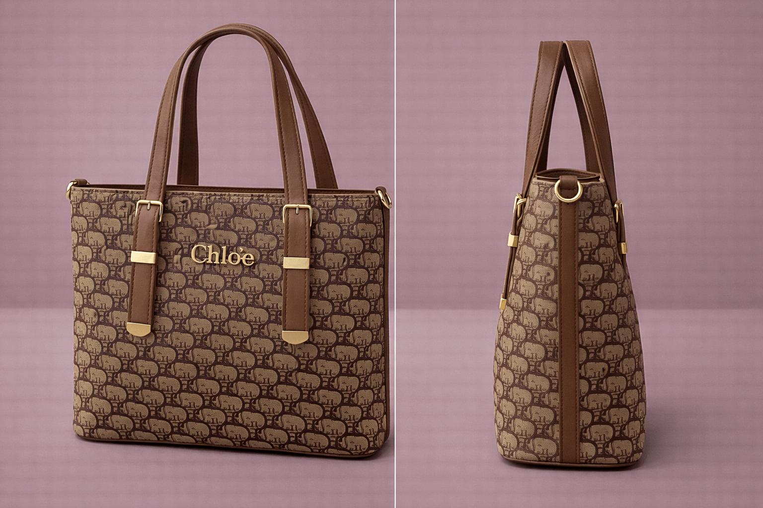 Chloé "D" Patterned Tote Bag with Brown Accents