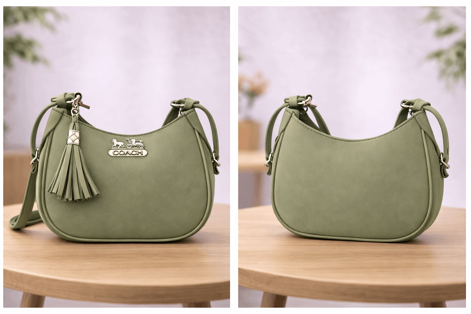 Sage Green Coach Hobo Bag – Leather with Tassel Accent