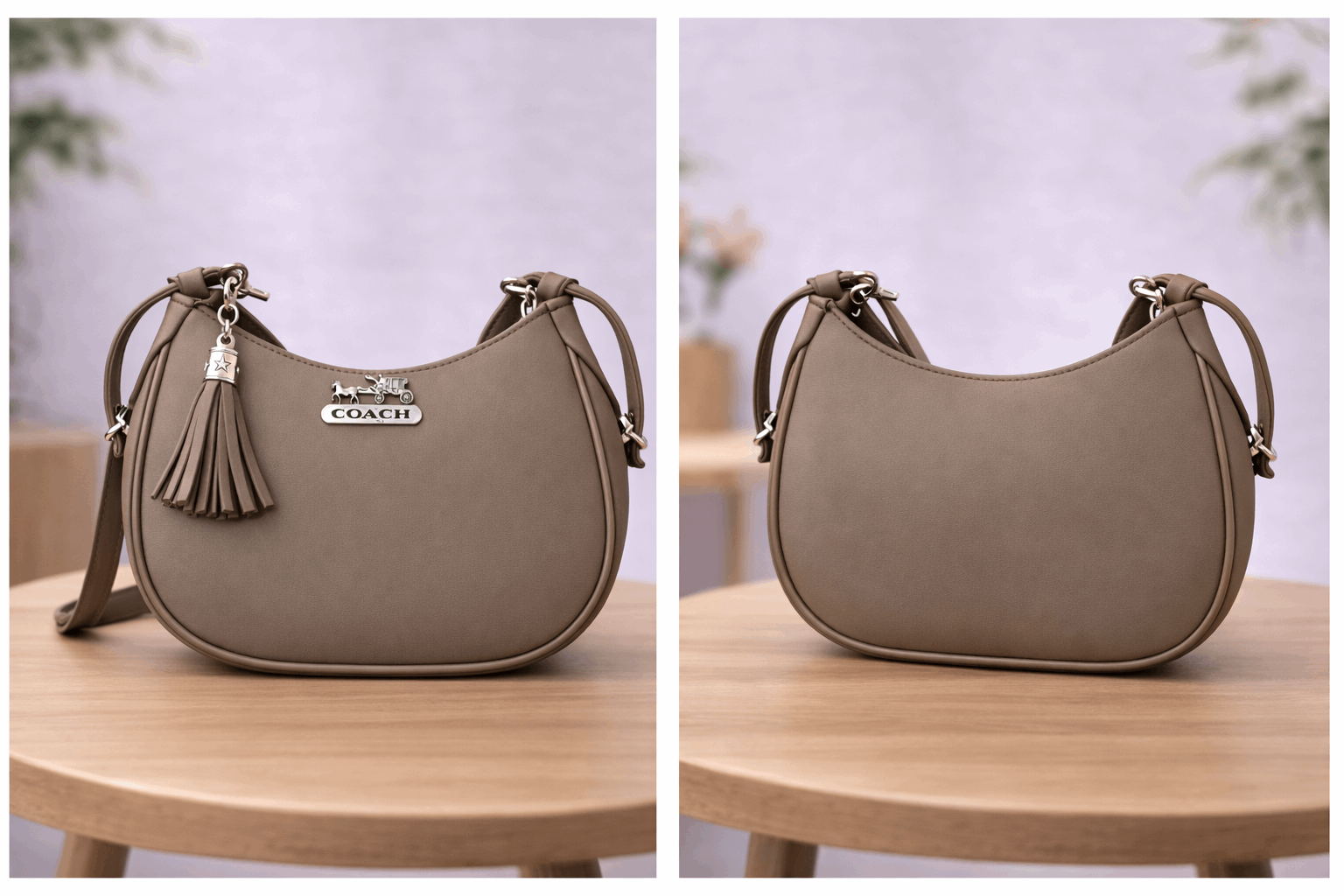 Taupe Color Coach Hobo Bag – Leather with Tassel Accent