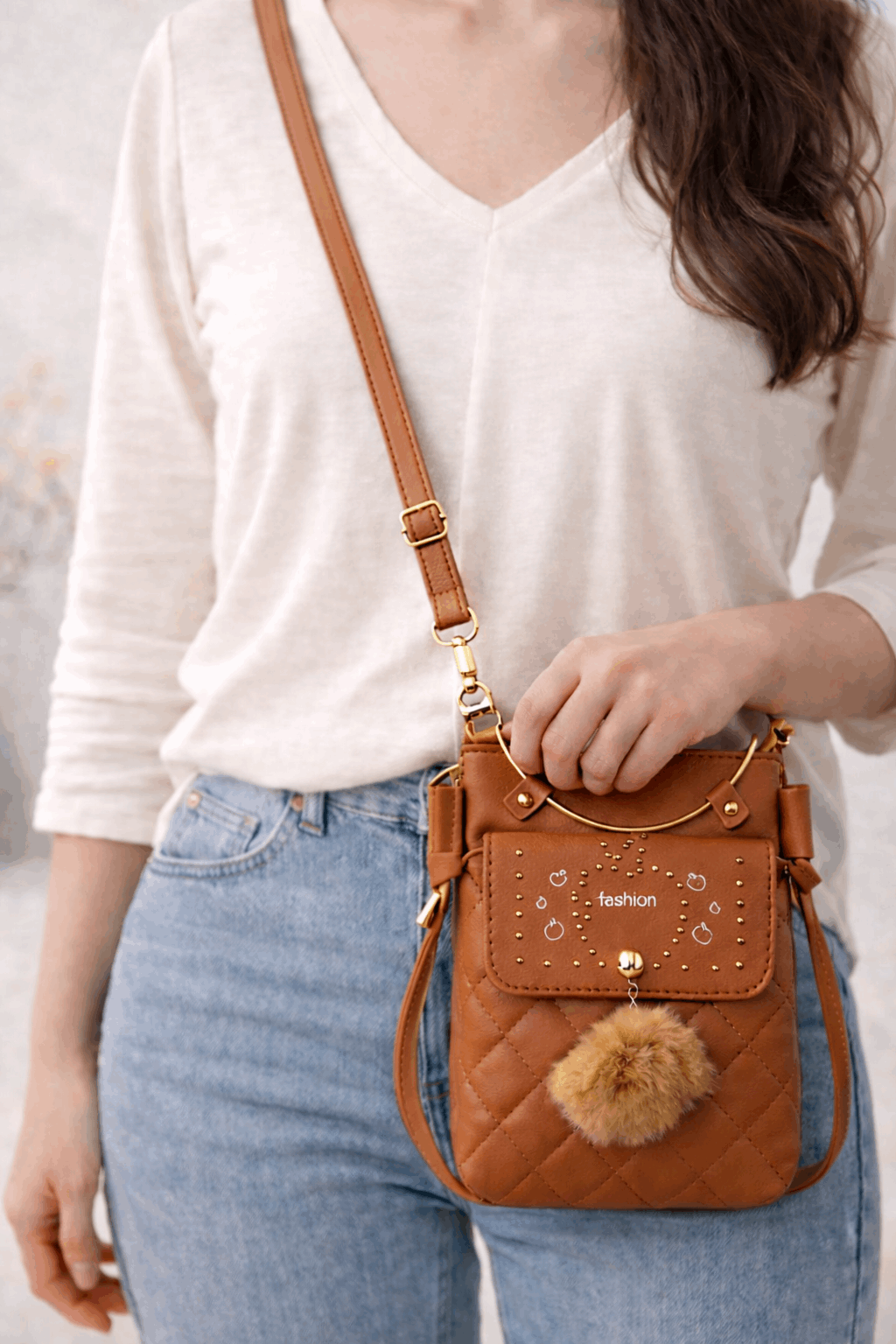 Quilted Vegan Leather Mini Crossbody Bag Brown
