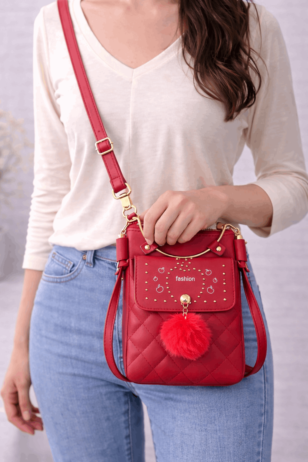 Quilted Vegan Leather Mini Crossbody Matte Red