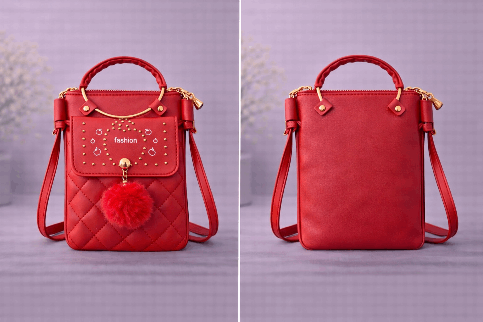 Quilted Vegan Leather Mini Crossbody Bag Bright Red