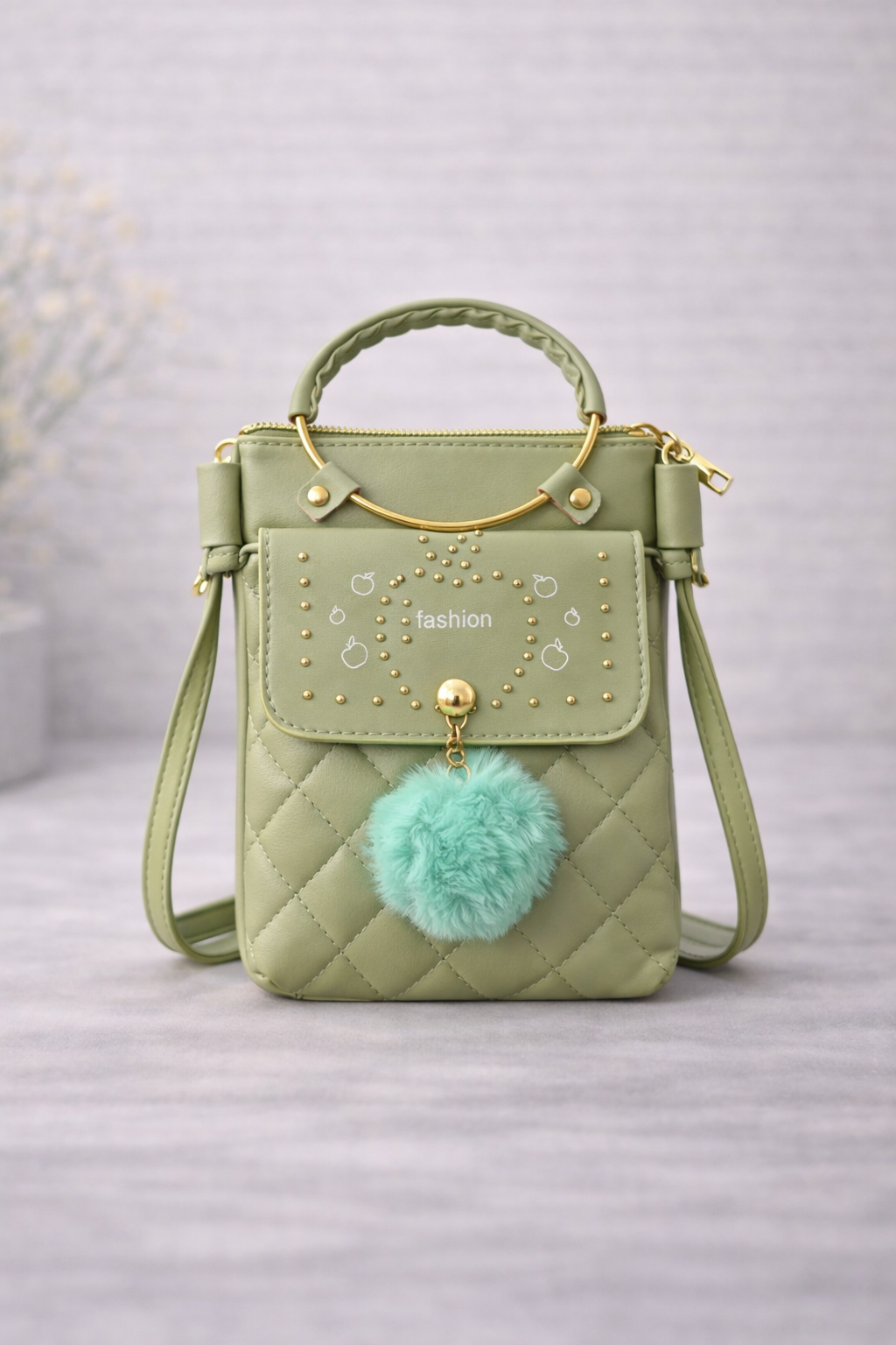 Quilted Vegan Leather Mini Crossbody Bag Sage Green