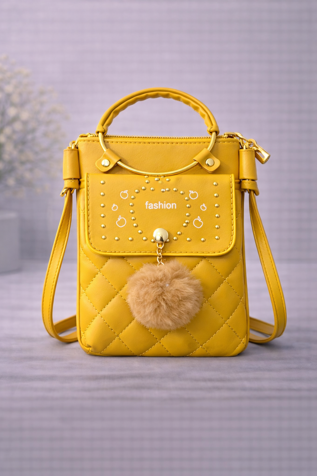 Quilted Vegan Leather Mini Crossbody Bag Mustard Yellow